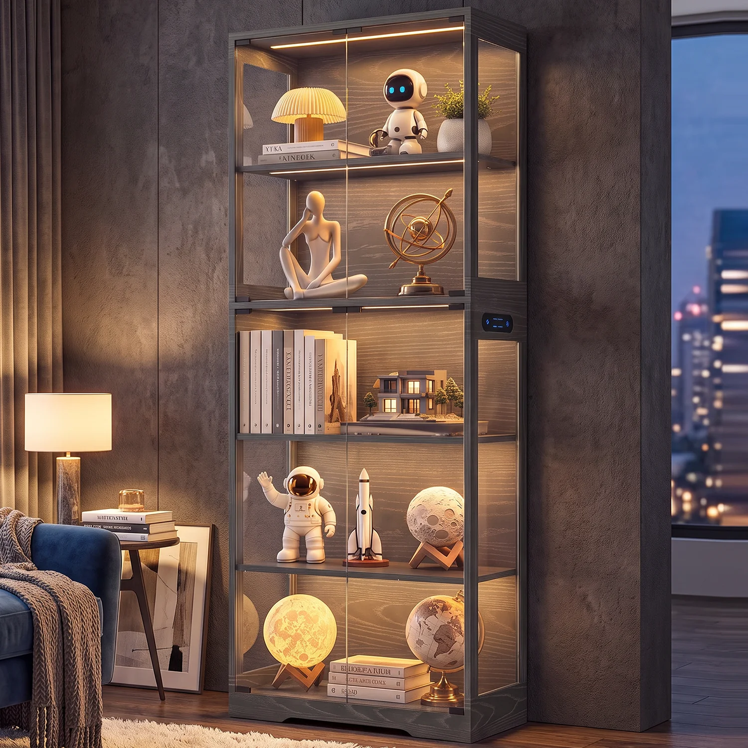 TCGBKAF Wooden Frame 5‑Tier Display Showcase Cabinet with Glass Doors, Motion Sensor Dimming LED Lights, Collectible Figures Display Storage Unit for Living Room Bedroom Office