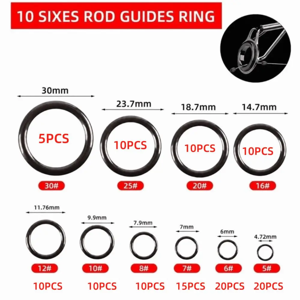 80/120PCS Sizes 5 to 30 Fishing Rod Repair Kit Ceramic High Hardness Rod Eye Replacement Kit Fishing Rod Eyelets Kit