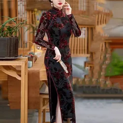 2024 New Spring Retro Chinese Style Cheongsam Dress Gold Velvet Elegant Mother Wedding Party Dresses High End Women's Long Dress
