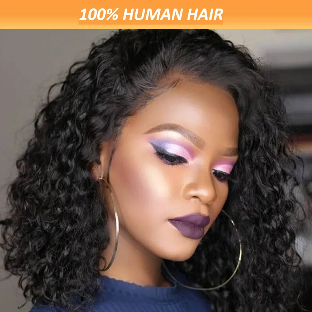 

short curly bob water wave human hair wig 10-14inch natural black color 150% density wig 13x4 lace remy hair for women