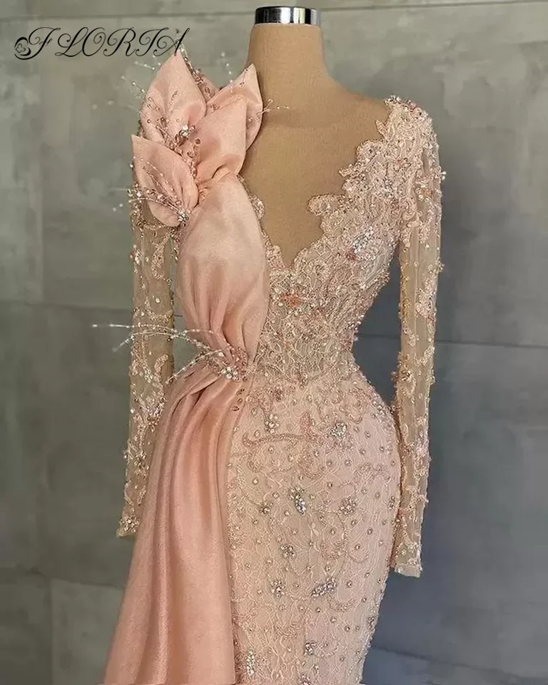 Elegante vestido De Noche De sirena De manga larga con tren, Vestidos De fiesta De encaje con cuentas rosas, vestido Formal para ocasiones, 2023