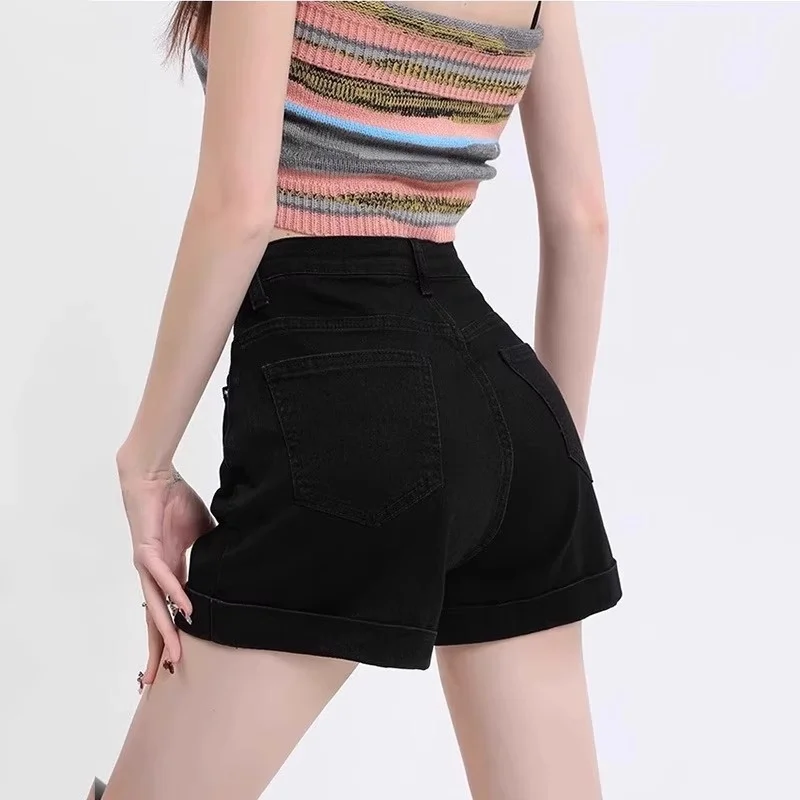 Summer Thin High Waist Black Denim Super Short Shorts Women's Small Size Slimming Hip Covering Hot Pants A-Line INS Cuffed Ho...