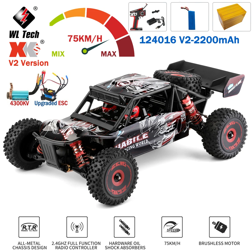 1:12 Wltoys 124016 V2 RC Car 75KM Brushless Motor 2200mAh Electric High Speed Off-Road Drift Remote Control Cars Gift For Adults