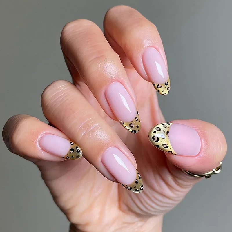 24 قطعة مجموعة الأظافر الزائفة الشتوية السوداء الاكريليك ليوبارد طباعة الفرنسية تلميح اللوز وهمية مسمار الفن مع تصميم مسحوق لامع اضغط على الأظافر #5