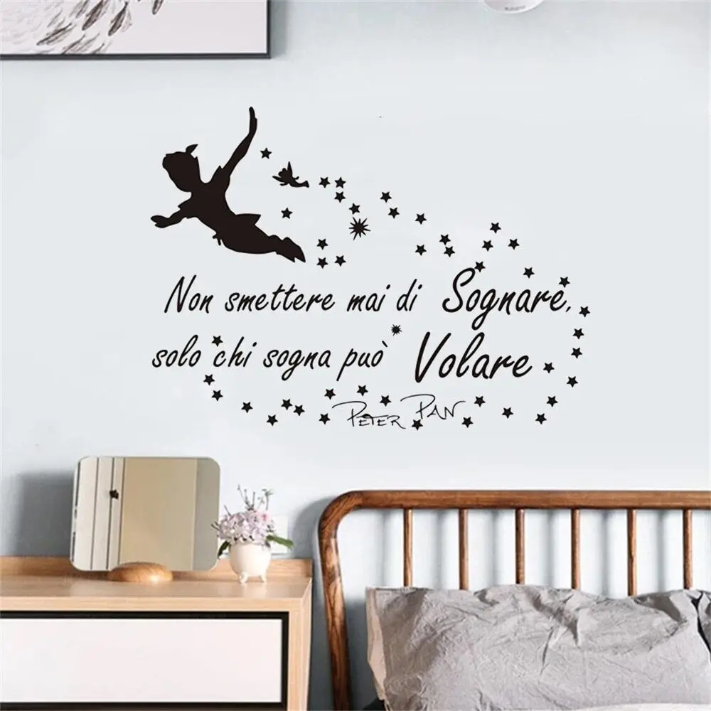 Cartoon Italian Quote Peter Pan Wall Sticker Nursery Kids Room Peter Pan Fly Italian Never Stop Dream Inspiral Quote Wall Decal