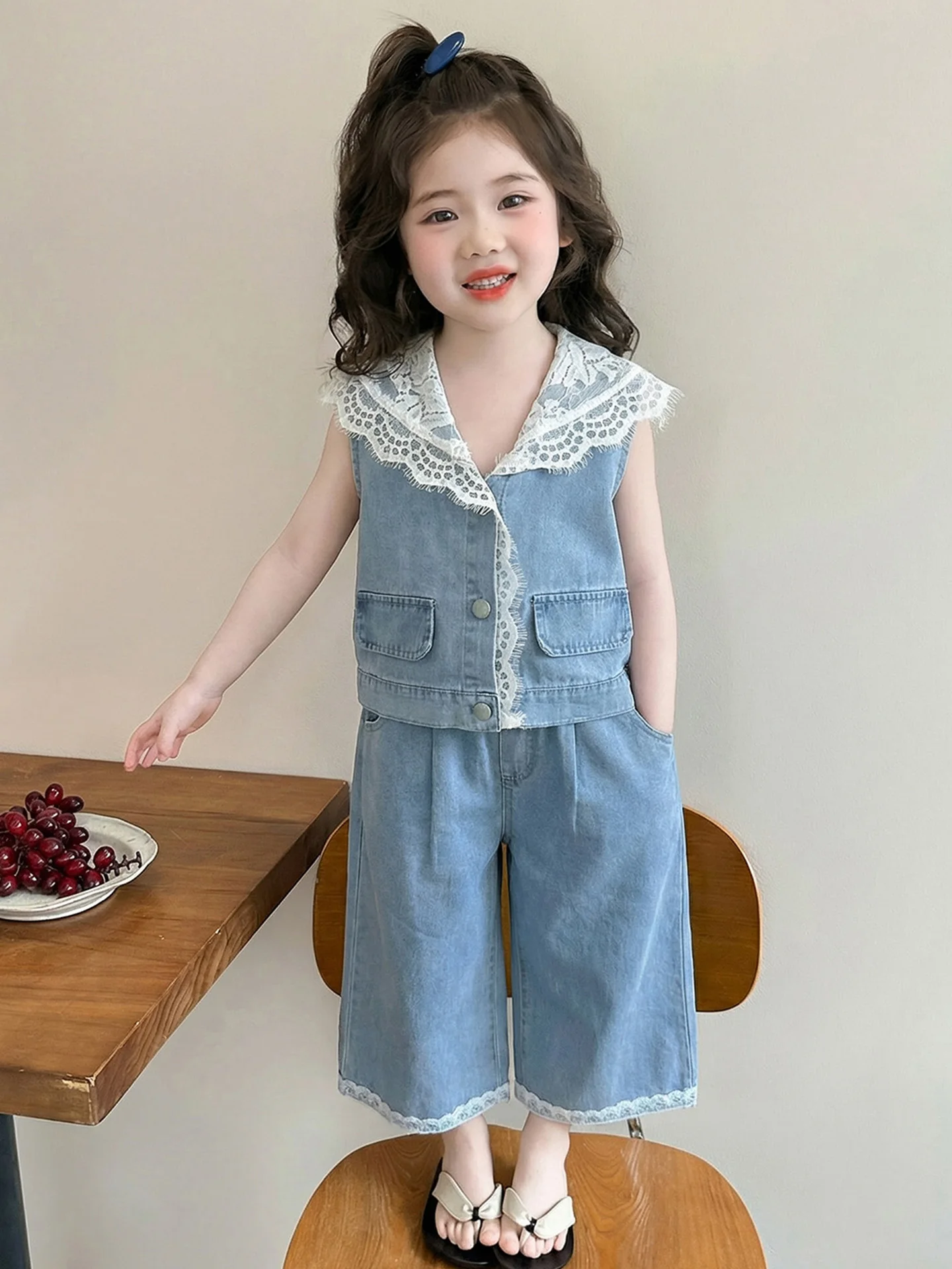 韓国風女の子夏デニムレーススプライス薄手ツーピースセット子供服スモールココナッツキングブランド愛表現