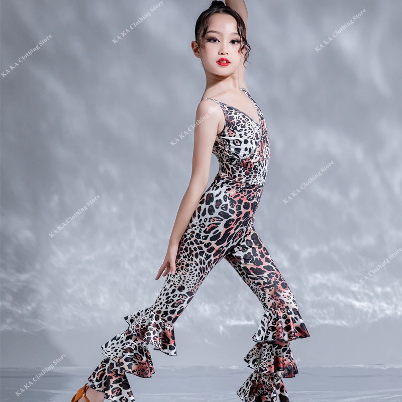 Rumba Leopard Latin Dance Dress Girls Competition Chacha Tango Salsa Latin Dance Stage Dress Showgirl Latin Dance Skirt Child