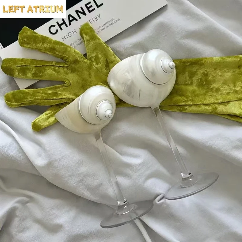 4Pcs Natural Conch Shell Wine Goblet, Gold Stemmed Champagne Flute, Unique Sea Snail Cocktail Glass,  Art Centerpiece Home Bar