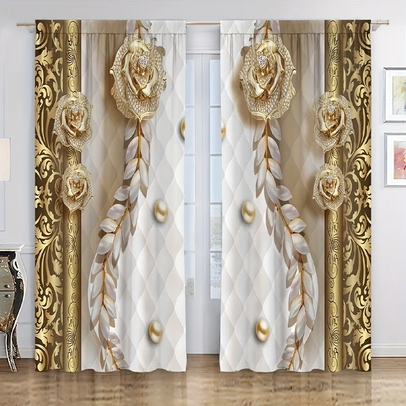 2pcs Elegant Golden Flower Pattern Curtain for Home Decor Window Treatment for Bedroom, Office, Kitchen, Living Room, and Study