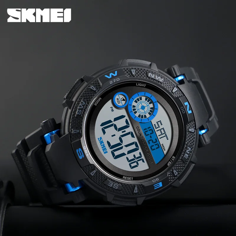 Skmei أنيق وتنوعا ساعة رجالية Skmei تدوير الوجه الدائري مقاوم للماء العد التنازلي الرياضة الإلكترونية ساعة