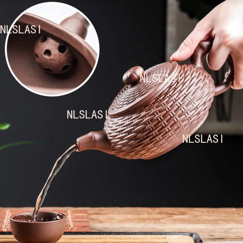 Earthenware Pot of Yixing Household Chinese Handmade Xishi Teapot Filter Large Tea Pot Bamboo Woven Antique Ceramic Tea Set