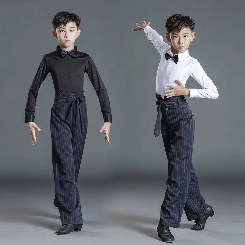 

Children's Latin Dance Costumes Boys' Standard Grade Test White Tops Practice Clothes Blue Striped Pants