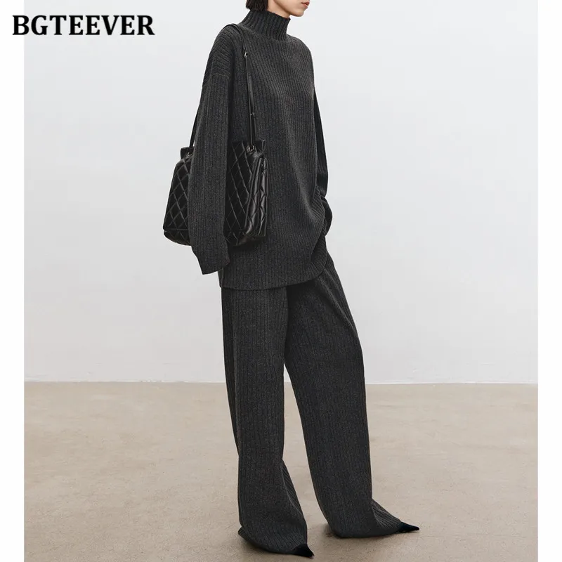 BGTEEVER Autumn Winter Knitted Trousers Set Women Long Sleeve Half Collar Pullovers Female Wide Leg Pants Women Sweater Outfits