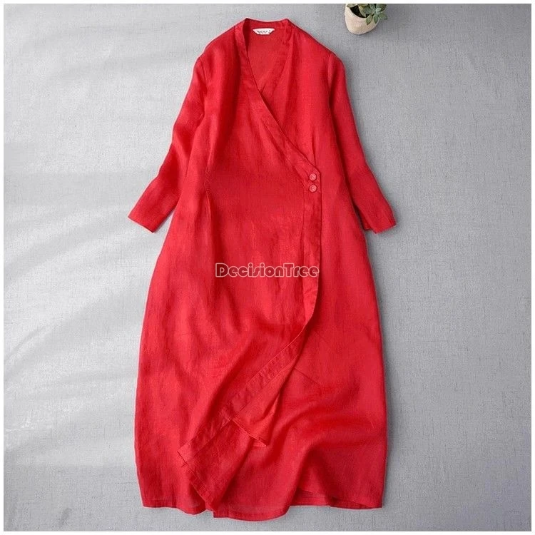 2024 new chinese style taoist priest robe vintage solid color temperament zen clothing v-neck medium length cotton linen dress