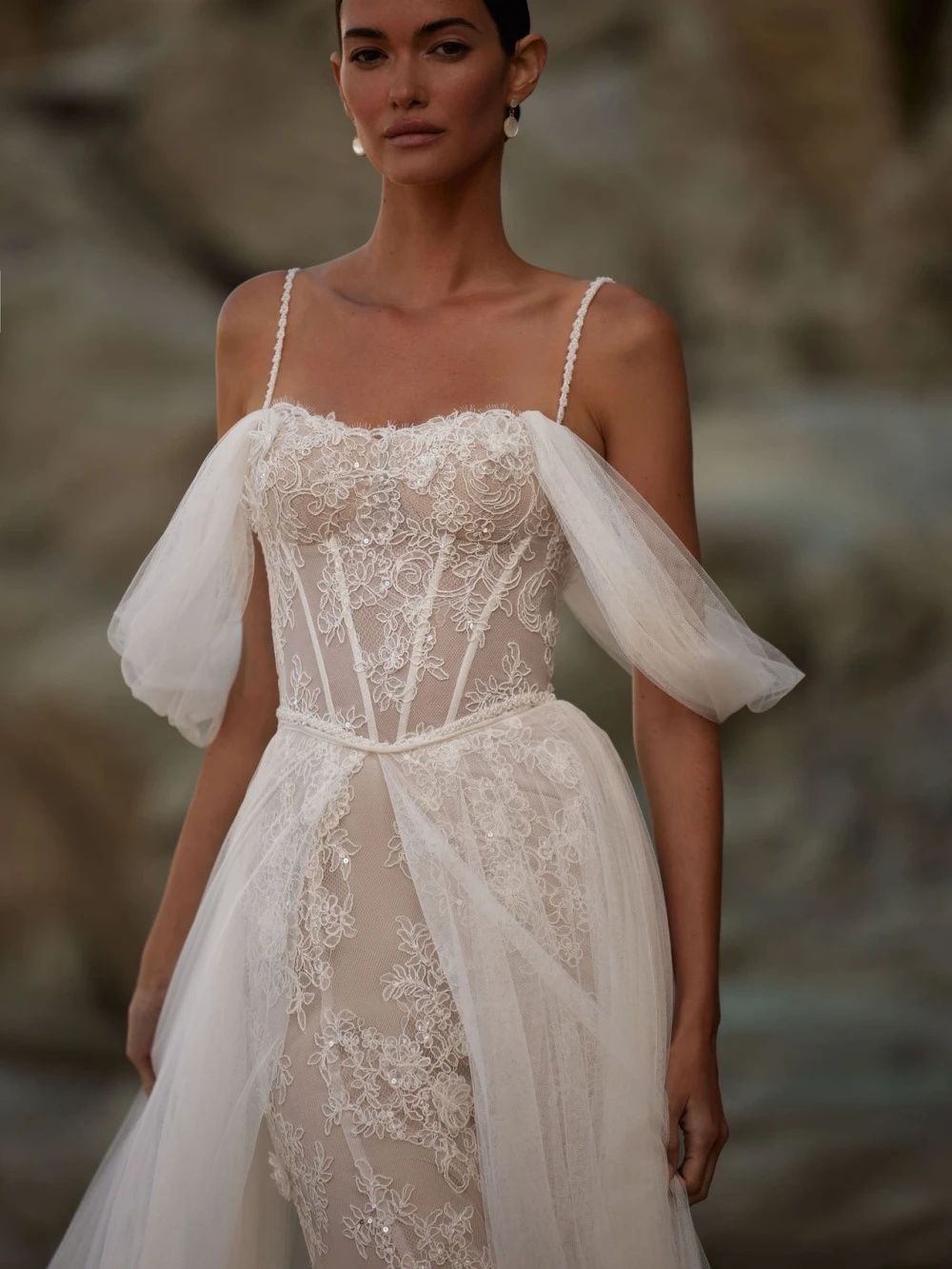 Afneembare trein mouw glanzend kant zeemeermin trouwjurk dromerige ivoor lange bruidsjurk op maat gemaakte sierlijke jurken voor de bruid