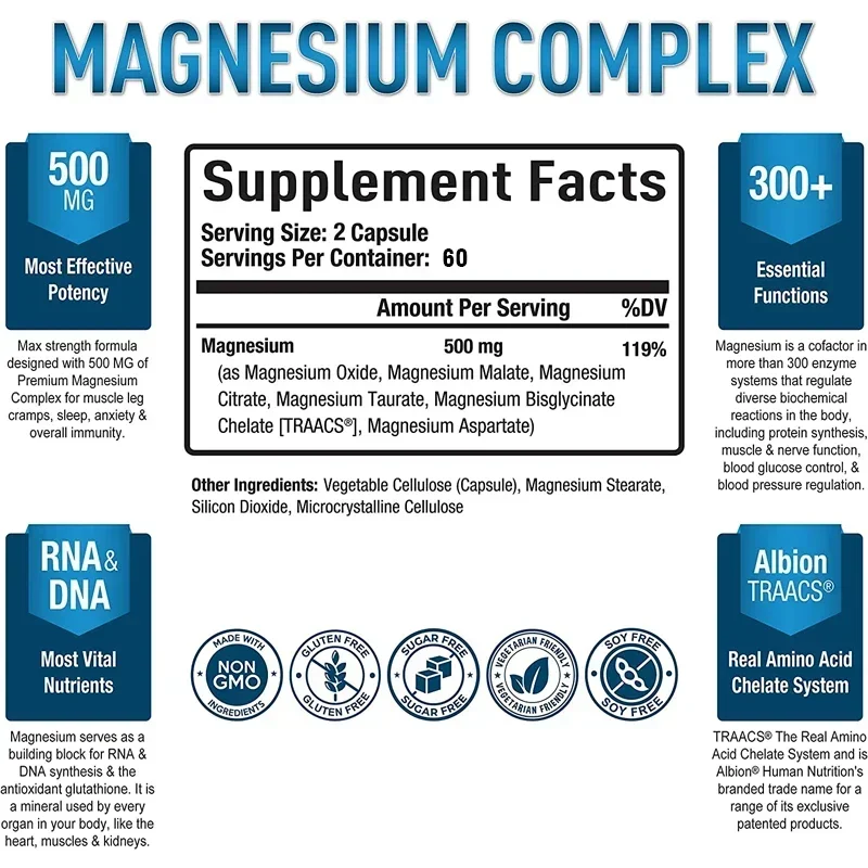 Daitea High Absorption Magnesium Complex Capsules - Dietary Supplement for Muscle, Bone, Nerve Health, Non-GMO - 120 Capsules