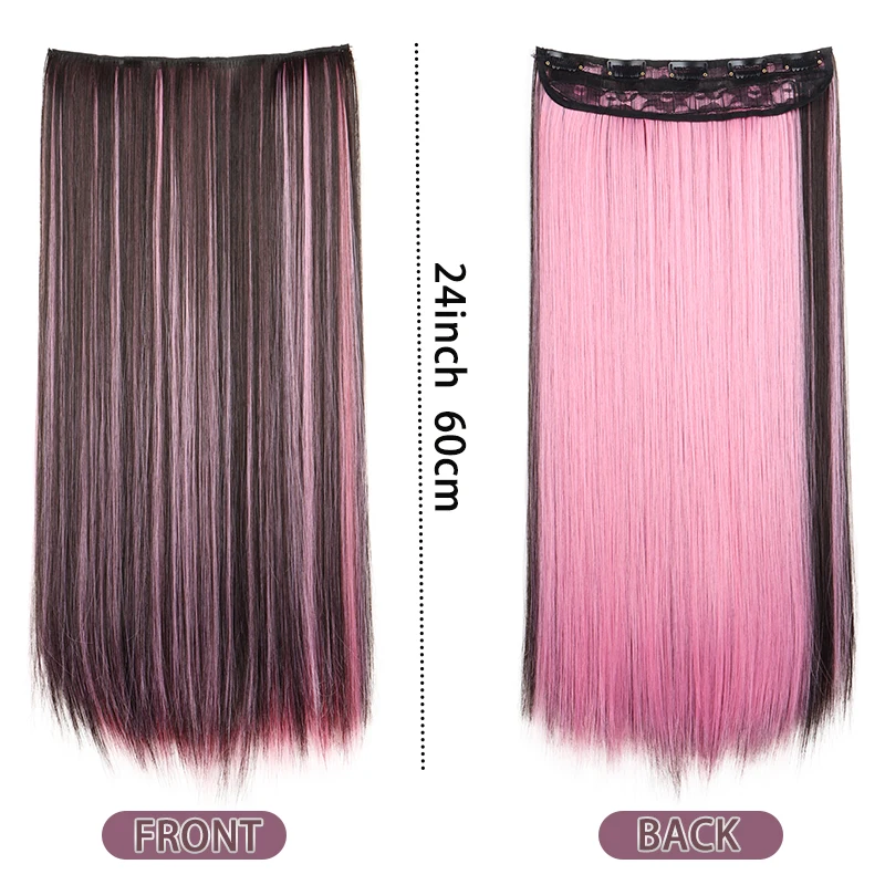 24 นิ้วยาวสังเคราะห์ตรงคลิปต่อผม One Piece 5 คลิป Multicolor Ombre สีชมพูสีแดงสีฟ้าสําหรับผู้หญิง