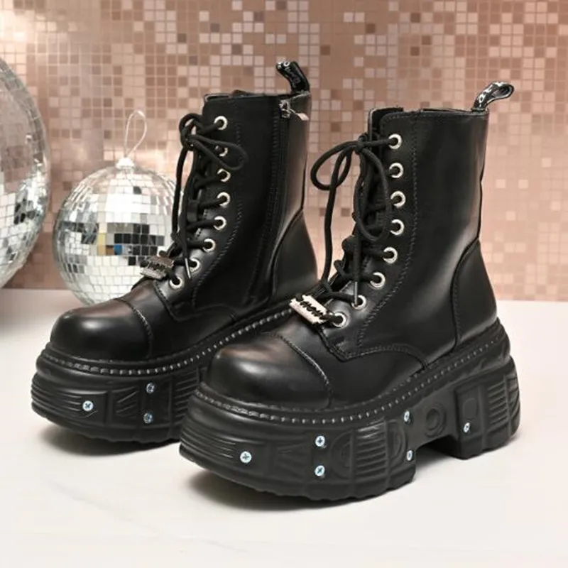 2026 New Goth Punk Women Platform Ankle Boots Female Rock Round Toe Lace Up Fashion Retro Chunky Shoes Metal Decor Short Booties view 3