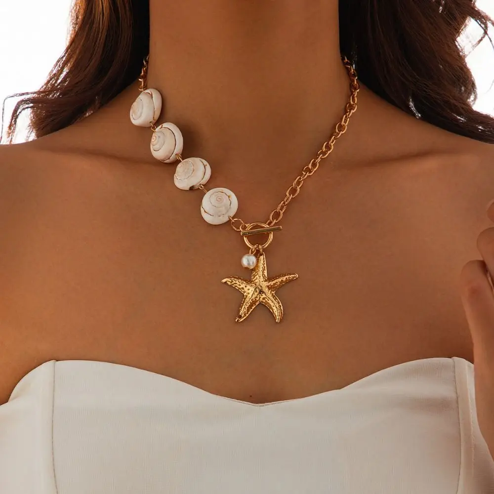 

Charm Natural Shell Starfish Beaded Necklace Bohemian Jewelry Hippocampus Japonicus Woven Choker High-end Pentagram