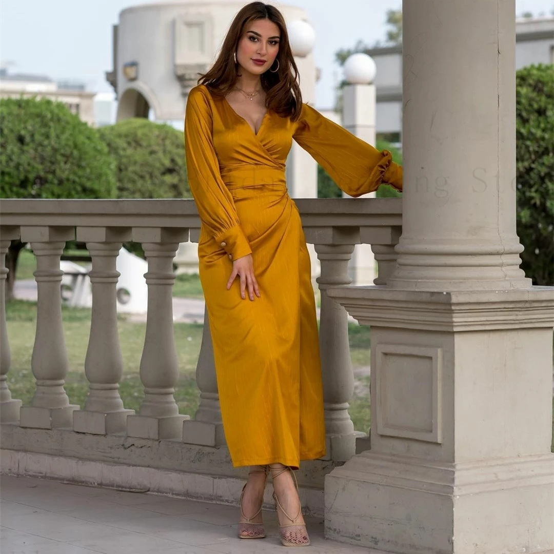 

Yellow Satin Mermaid Prom Dresses for Women 2023 Elegant Tea-Length Sheath Formal Dress for Musilm with Sleeves vestidos