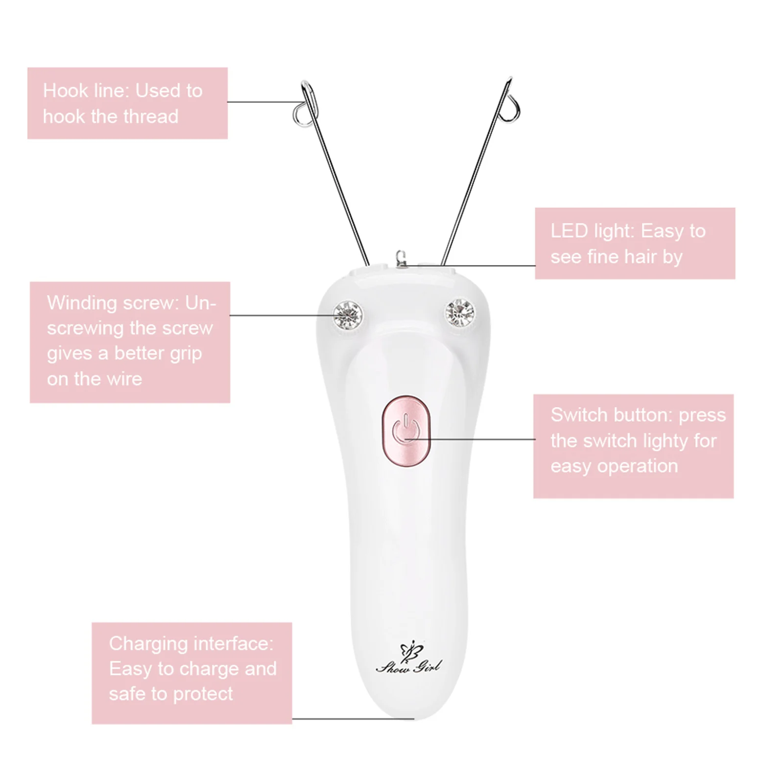 Epilatore per infilare elettrico Epilatore per infilare di alta qualità Depilazione fisica 2 colori Viso Braccia per donna Ascella