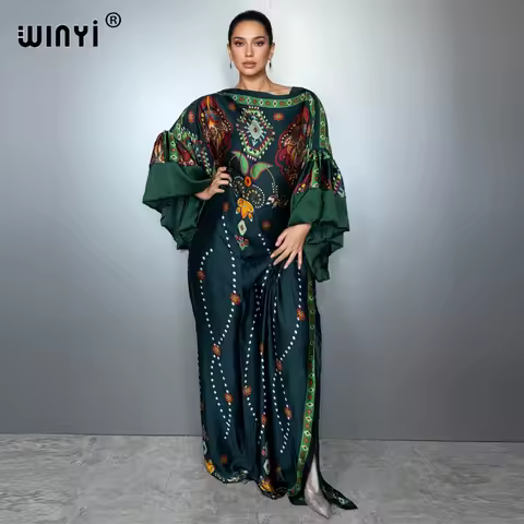 WINYI elegant puff(ed) sleeves evening dress abaya dubai luxury Female loose Print kaftan muslim woman clothing beach dress