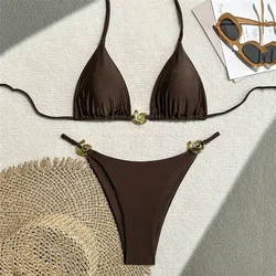 Dark Brown String Halter Micro Thong Bikinis Sets Sexy Swimsuit Women 2026 Metal Ring Holiday Swimwear Beach Wear Bikini Mujer