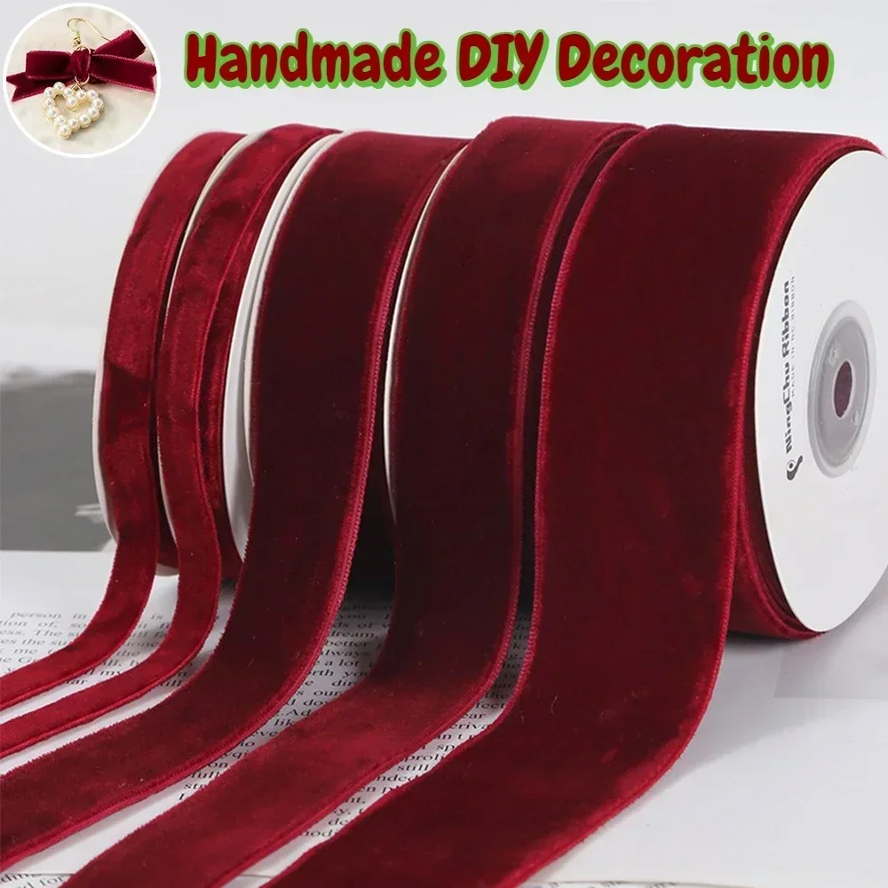 5Yards Wine Red Double-sided Velvet Ribbon Velvet Flocking Ribbon Diy Handmade Bow Bouquet Packaging Gifts Christmas Decoration