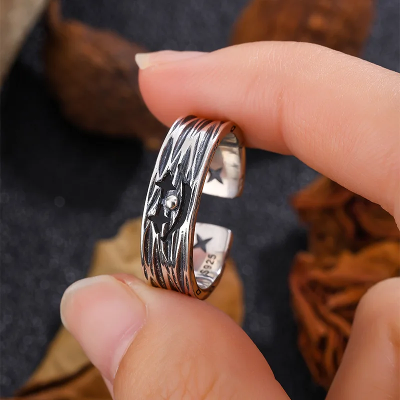 

Винтажное открытое кольцо со смайликом и звездным узором из стерлингового серебра 925 пробы, уникальный дизайн, индивидуальный унисекс