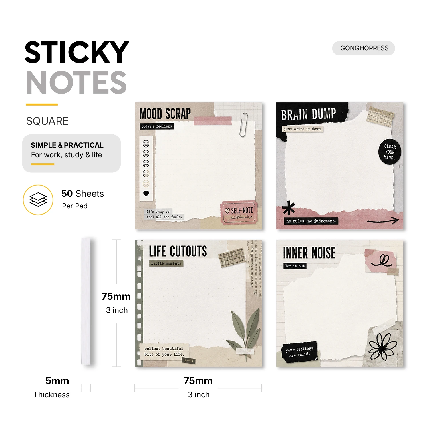 4PCS Vintage Collage Sticky Notes 75x75mm 200 Sheets Self Adhesive Memo Pads Mood Journal Notes Office Stationery