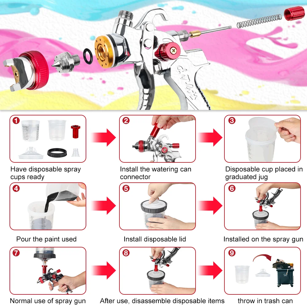 Pistola de pulverização HVLP profissional de 1,4 mm 1,7 mm 2,0 mm Ferramenta para pistola de pintura automática doméstica, 600 ml sem copos de medição descartáveis ​​limpos 10 unidades, alta qualidade ferramenta de ar