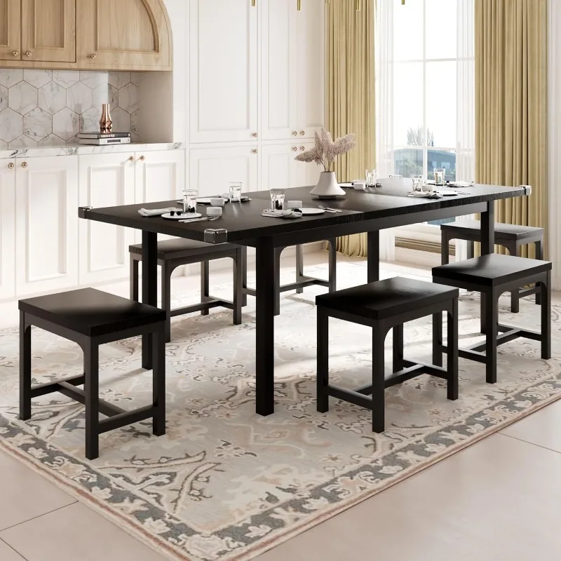 

7-Piece Dining Table Set for 4-8, 63" Large Extendable Kitchen Table Set with 6 Stools, Modern Dining Room Table with He
