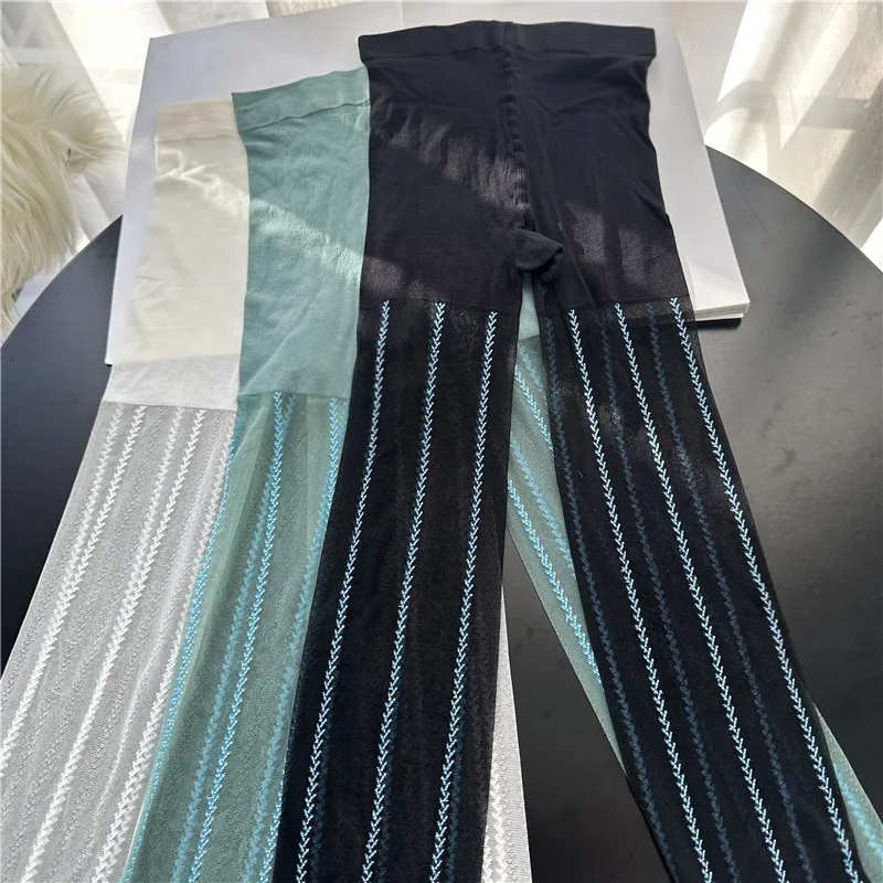 Women Tights Blue Wheat Vertical Striped Pantyhose Female Leggings Chic Green Jacquard Silk Stockings Sexy Leg Slimming Stocking