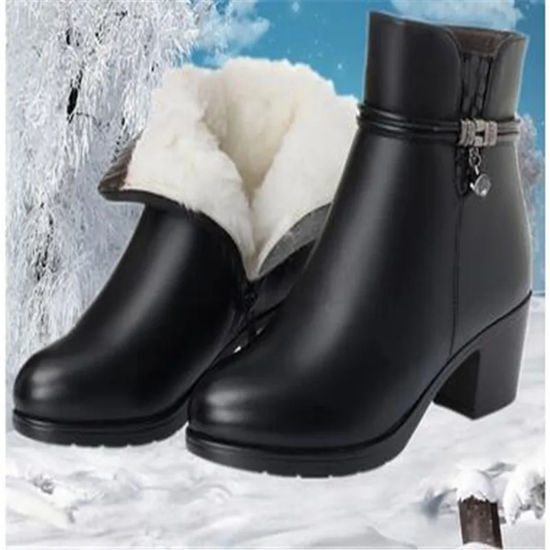 

2024 NEW Fashion Soft Leather Women Ankle Boots High Heels Zipper Shoes Warm Fur Winter Boots for Women Plus Size 35-43