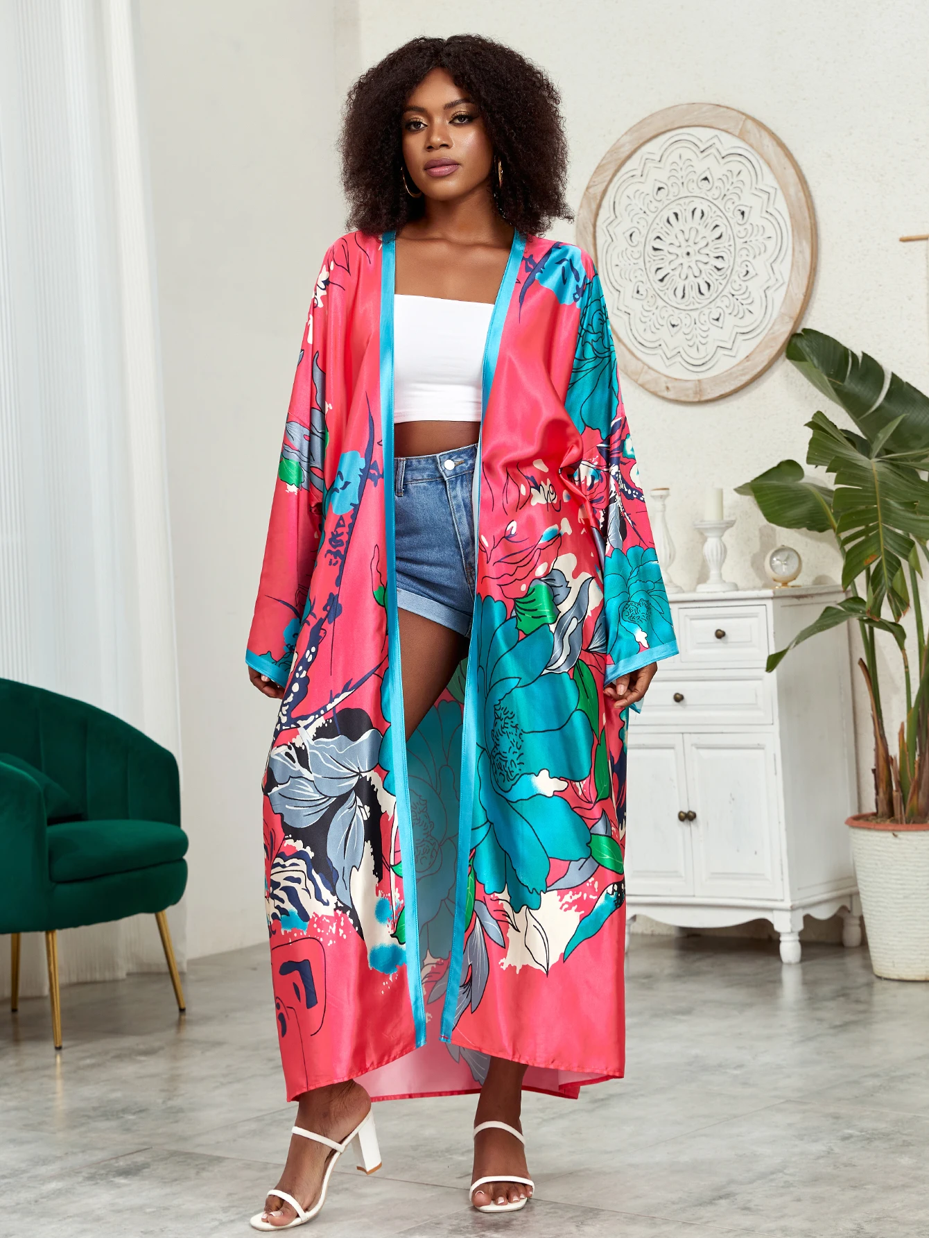 Plus Size Boho Kimono, damskie Plus nadruk lotosu kontrastowe wiązanie z długim rękawem z odkrytym przodem Kimono