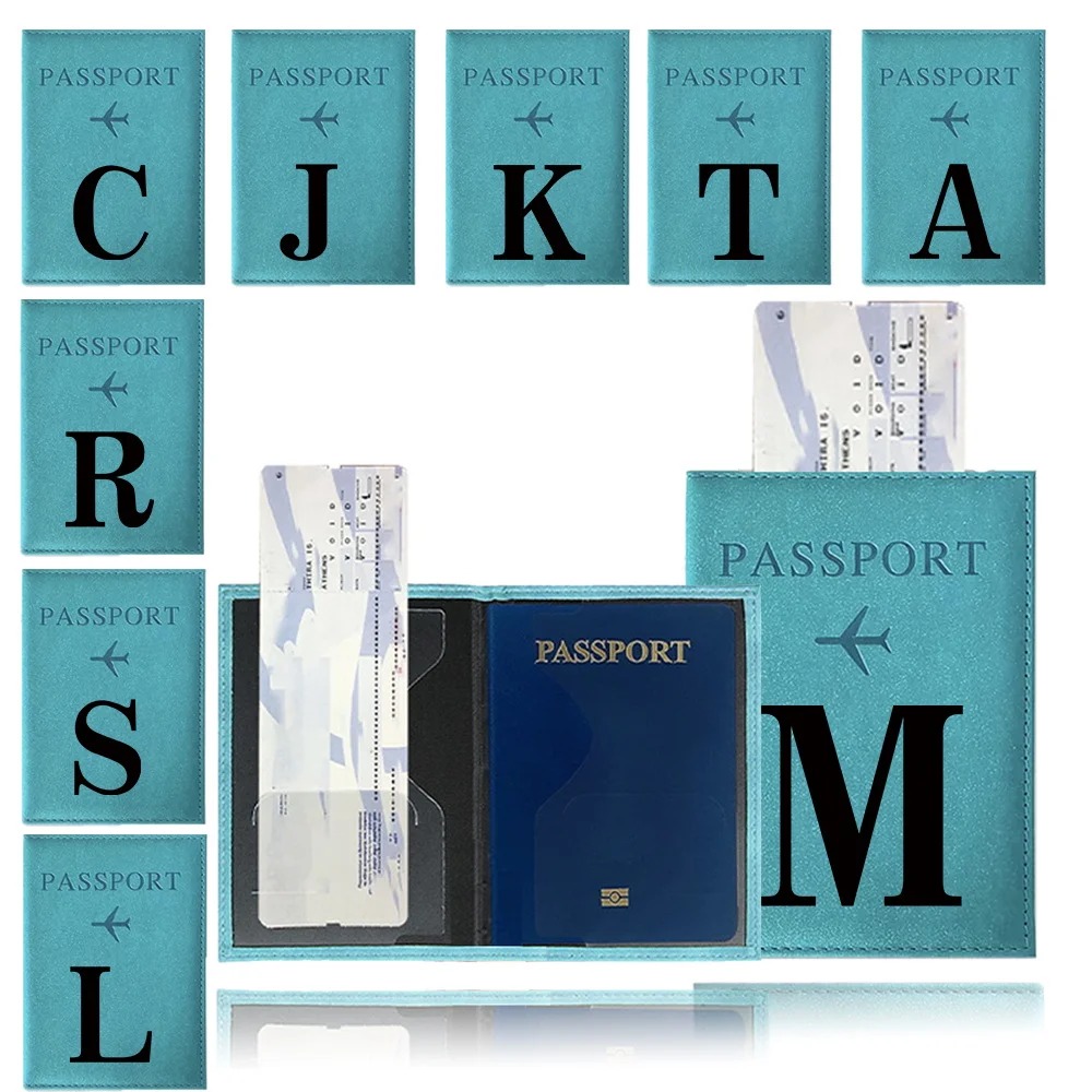 Passport Cover Blue Color Pu Passport Waterproof Case Wallet Business Credit Card Documents Holder Print Black Letter Series