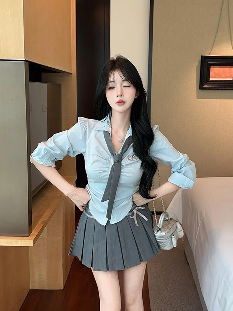 Autumn New Preppy Style Set Women Korean Version Embroidered Shirt+Bow Pleated Skirt Slim Fit Sweet Two-piece Set