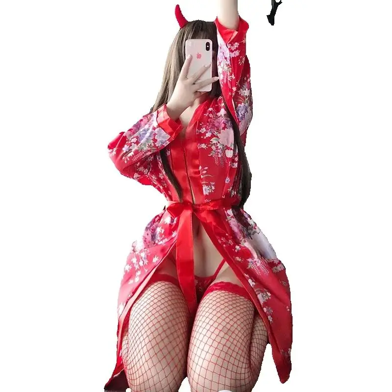 

Japanese Kawaii Lingerie Cosplay Costume Sakura Girl Kimono Dress Yukata Bathrobe Women Floral Wedding Bridal Uniform Robes