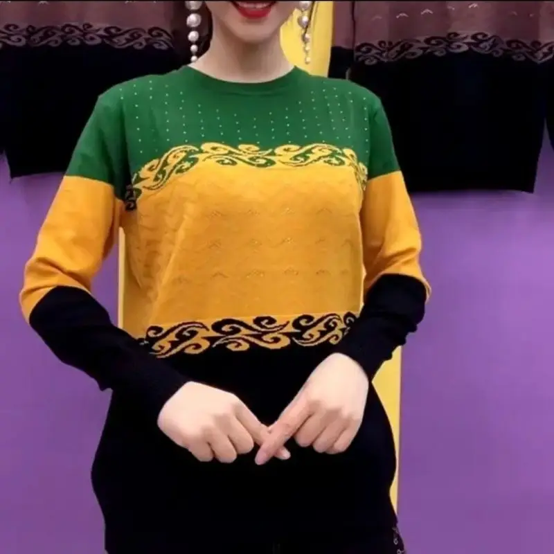 

Fashion Solid Color Spliced Round Neck Diamonds Sweaters Elegant Vintage Long Sleeve Loose Knitted Jumpers Women's Clothing 2023