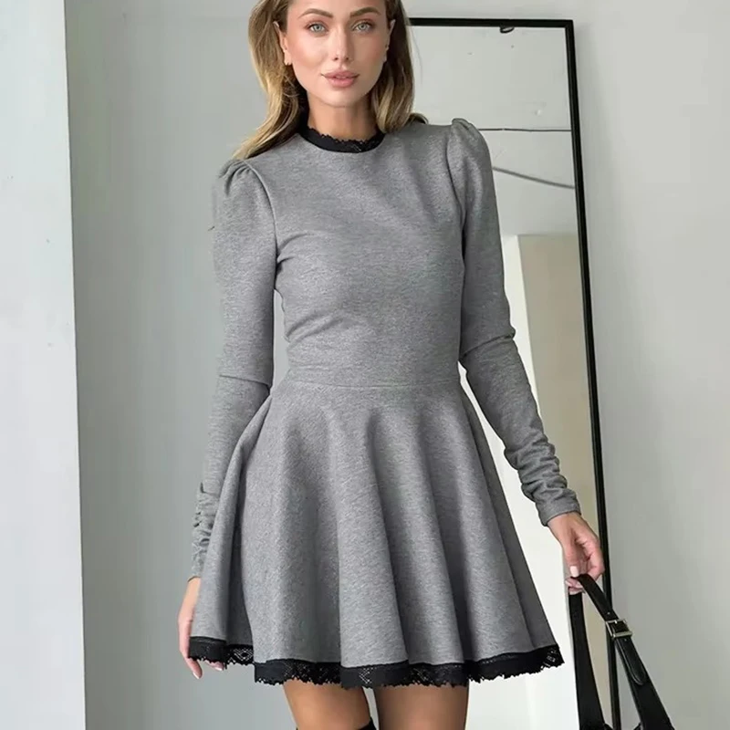 

TARUXY Lace Splice Elegant Mini Dress Female Autumn Winter New Contrast Color Office Woman Dress Long Sleeve High Waist Clothes