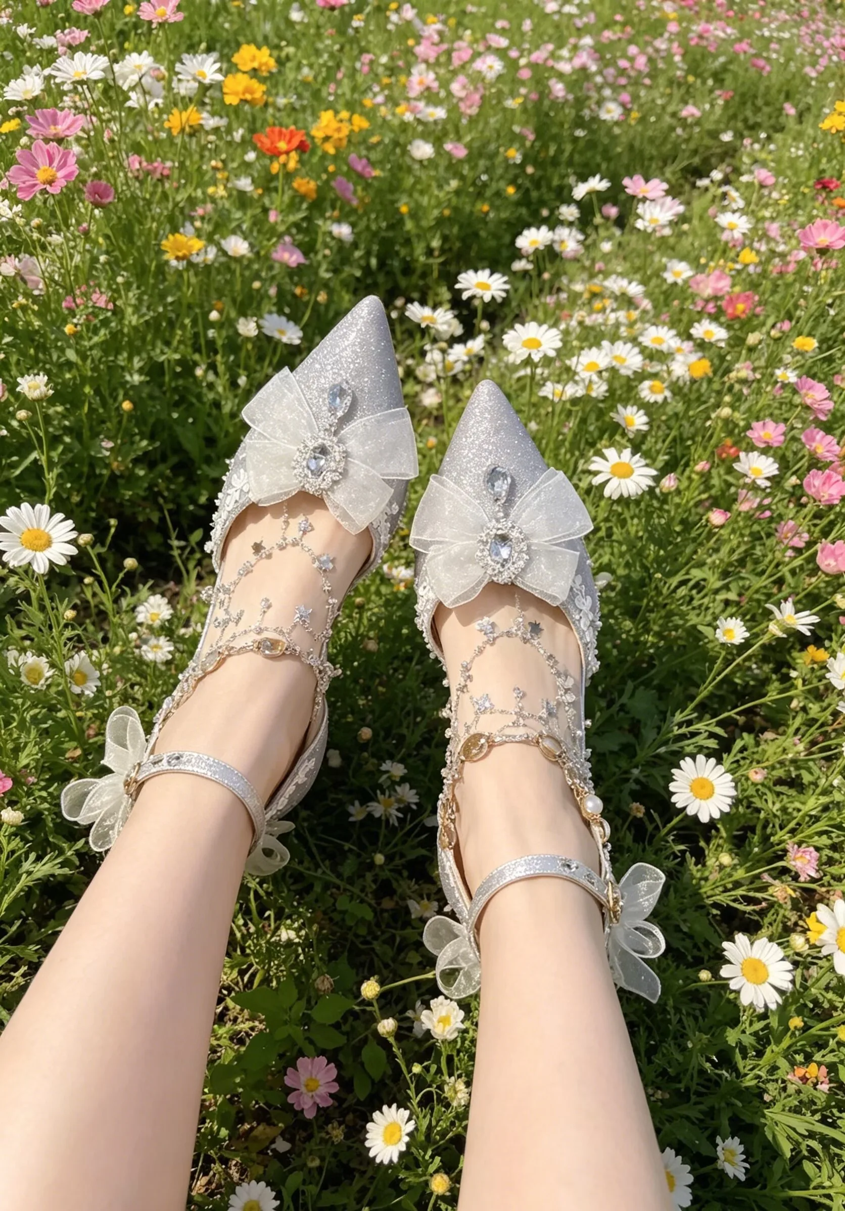 Silver Glitter Wedding Bridal High Heels Women Pointed Toe Bow Rhinestone Pearl Ankle Strap Stiletto Elegant Party Banquet Prom view 4