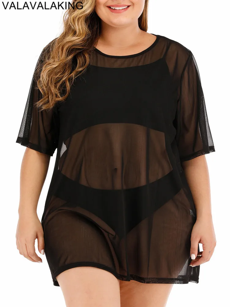 2025 Women Mesh Plus Size Cove Up Short Sleeve Large Loose Big Tunic Lady Chubby Beach Dress Brazilian Curvy Swimsuit Cover-Up