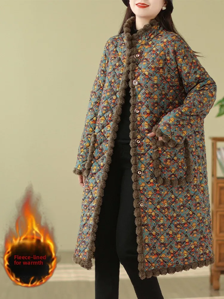 

Утепленное хлопковое пальто с цветочным принтом и флисовой подкладкой, женская зимняя верхняя одежда, длина до колена, теплое, для повседневной носки, свободный крой