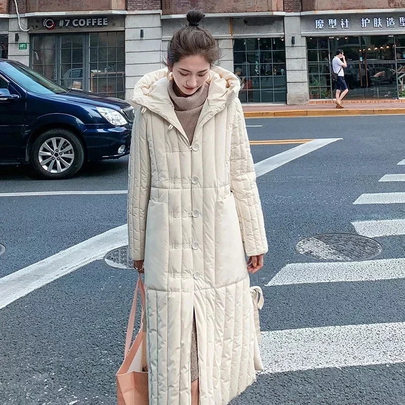

Women Down Cotton Jacket Loose Thick Solid X-Long Women's Winter Quilted Jackets Single Breasted Hooded Parkas Padded Clothes