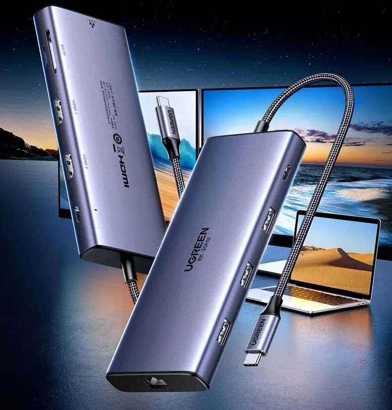 UGREEN 15534 Expansion Dock Laptop Docking Stations,Three‑Screen Different‑Display, Dual Hdmi High‑Definition Screen Casting, 8K