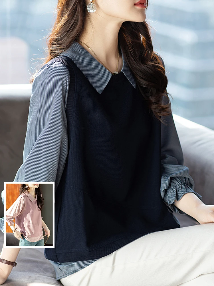 Vorfrühling künstlerische Kontrastfarbe Streifen Spleißen gefälschte zweiteilige lange Sve irt Kragen Top für Plus Size Frauen trendig