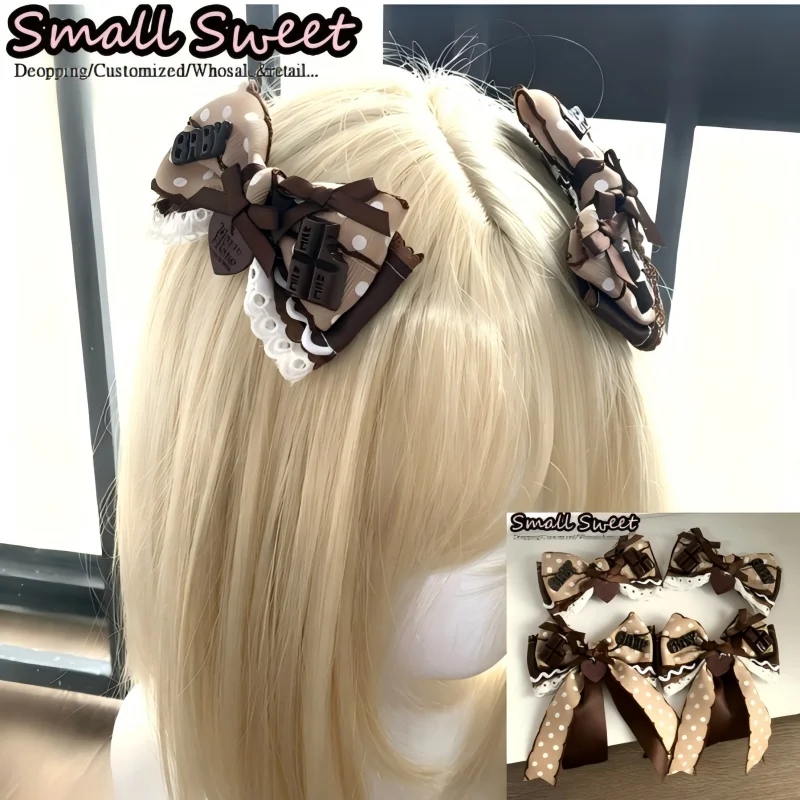 Women Y2K Girl Polka Dot Lace Ruffle Tiramisu Hair Clips Kawaii Lolita Milk Chocolate Hime Style Subculture Satin Bow Barrette