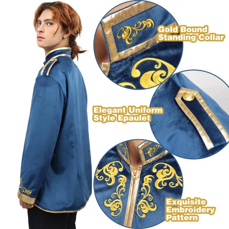 DAZCOS Mens Velvet Embroidery Blazer Medieval Suit Jacket Court Fashion Uniform Victorian Cosplay Ruff Collar Chiffon Mesh Ruffs