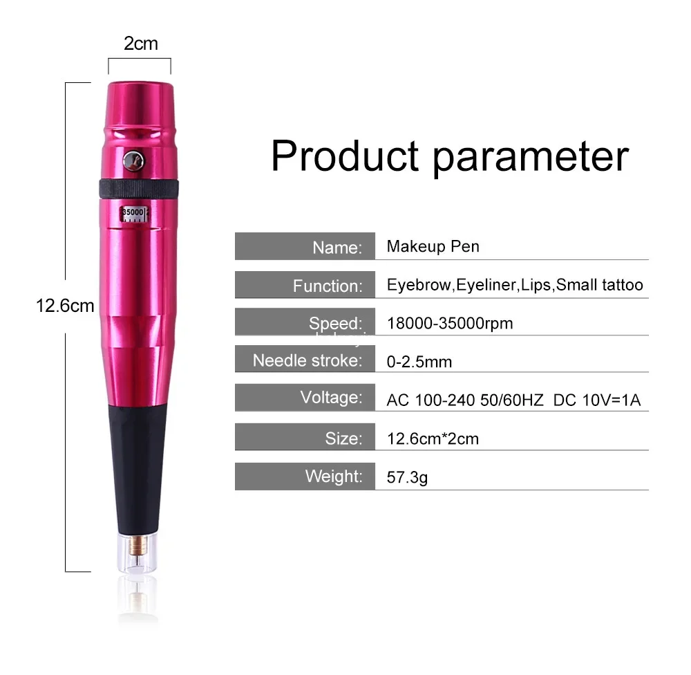 قلم تحديد الحواجب، قلم تحديد الشفاه، محرك سويسري عالمي، ماكينة رسم الوشم التجميلي الدائم مع مجموعة إبر الوشم العالمية #6