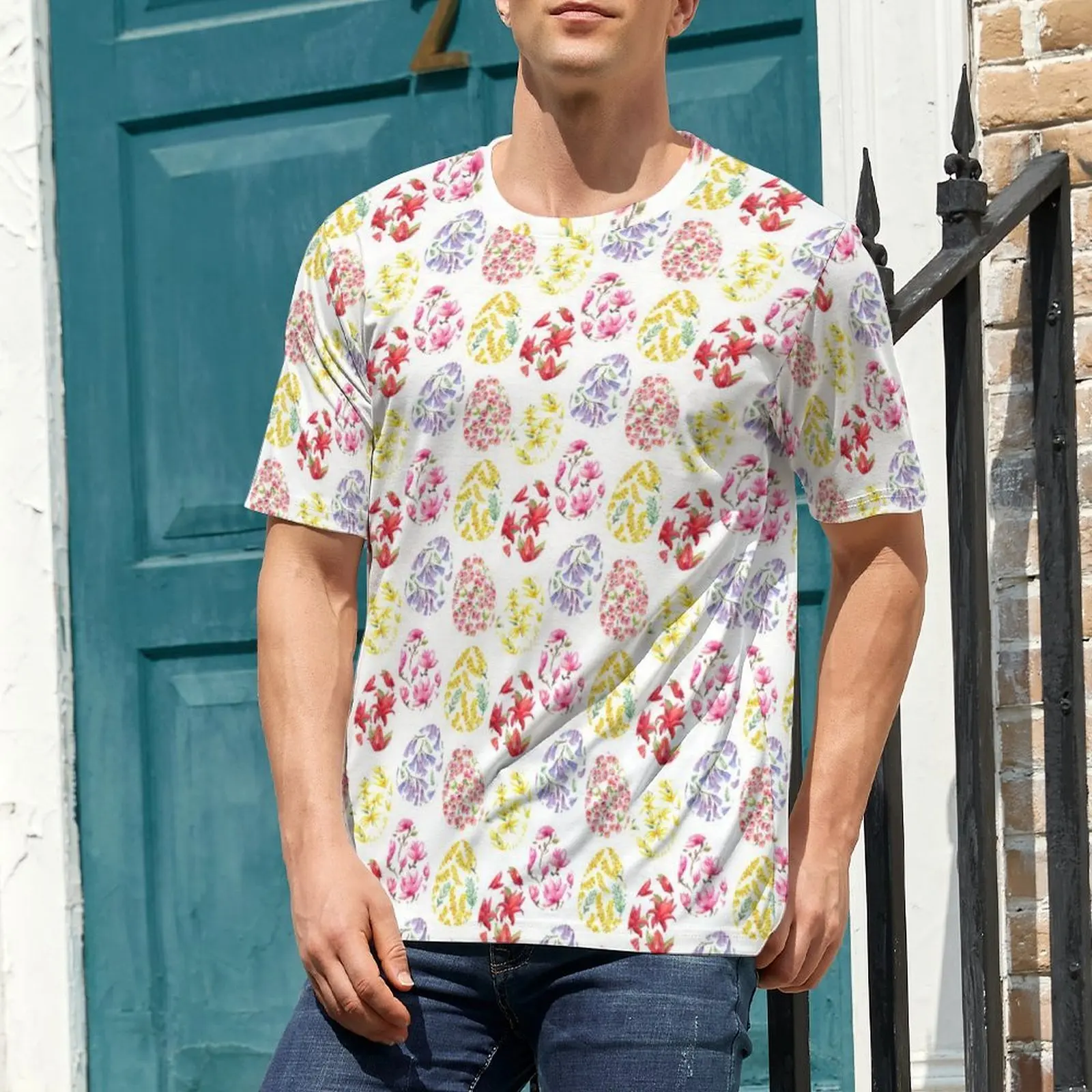 Men Easter Day T-Shirt Floral Eggs Print Hippie T-Shirts Short Sleeve Graphic Tops Cheap Beach Y2K Fun Oversized Top Tees